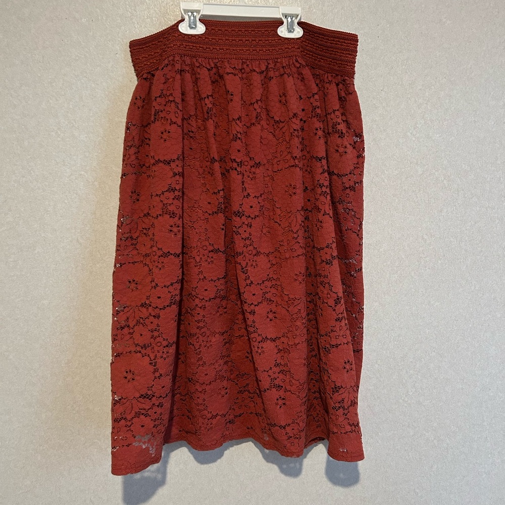 Women’s Knee High Lace Skirt, Floral Accents, Burnt Orange, Size Large